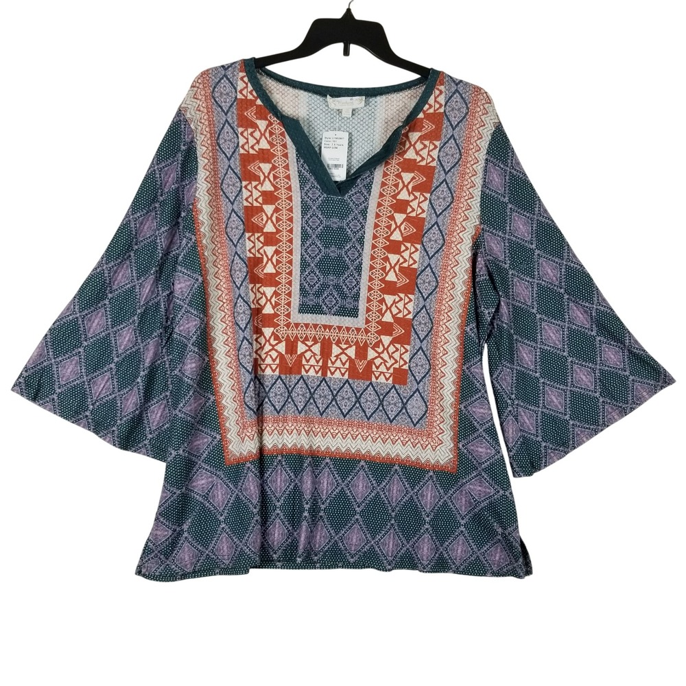 Suzanne Betro Tunic Women 3X Multi-Color Waffle Knit Bell Sleeve Notch Neck Top